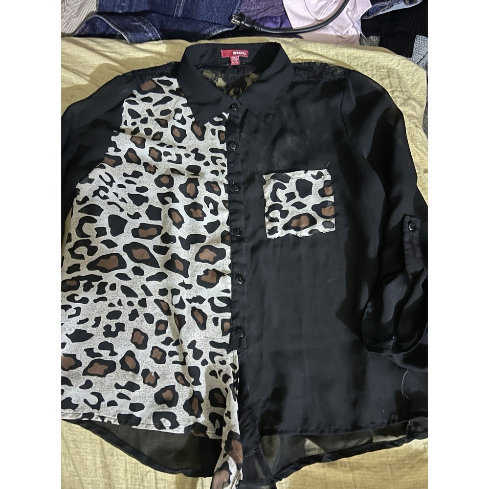 Bongo Leopard Print Sheer Blouse Womens Medium‎ Black Colorblock Lace Back